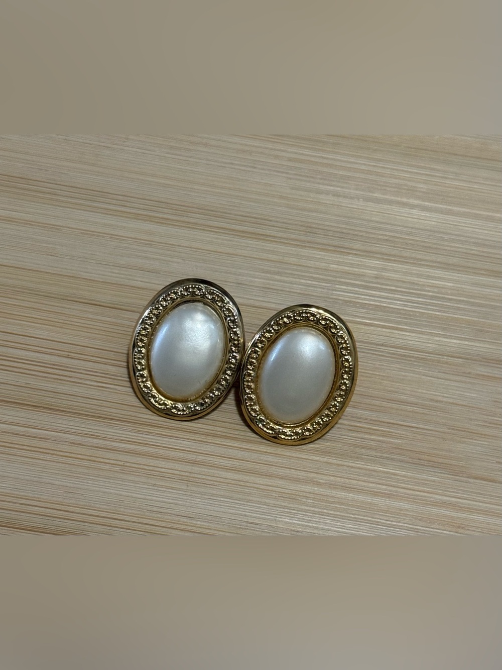 Gold Tone Faux Pearl Oval Stud Earrings